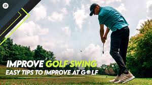 Golfer practicing powerful golf swing on green fairway — how to improve your golf swing in 7 days with balance and accuracy drills.”