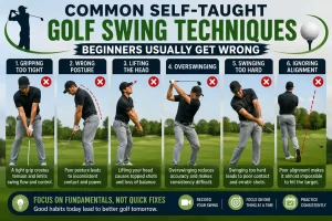 Golfer demonstrating common self taught golf swing techniques for beginners that lead to poor posture, overswinging, alignment errors, and inconsistent ball striking.