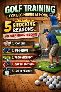Golf training for beginners at home showing common mistakes that cause bad shots, including poor grip, bad posture, and incorrect alignment