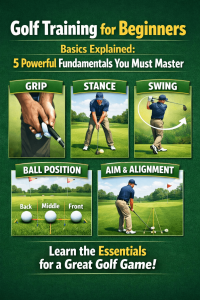 Golf training for beginners basics explained showing grip, stance, swing, ball position and aim alignment fundamentals