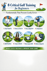 Golf training for beginners fundamentals infographic showing 8 critical basics including grip, stance, alignment, swing, ball position, tempo, short game, and rules.