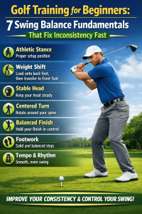 Golf training for beginners golf swing balance fundamentals showing proper weight shift, centered turn, and balanced finish for consistent swing mechanics