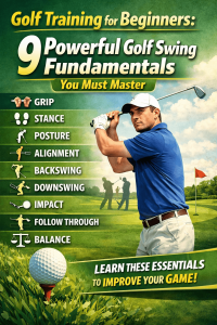 Golf training for beginners golf swing fundamentals guide showing 9 powerful fundamentals including grip, stance, posture, alignment, backswing, downswing, impact, follow through, and balance.