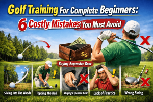 Golf training for complete beginners showing 6 costly mistakes new golfers must avoid including slicing, topping the ball, and buying expensive gear