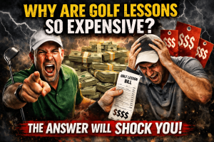 Frustrated golfer reacting to expensive bill showing why golf lessons are so expensive and the rising cost of golf lessons
