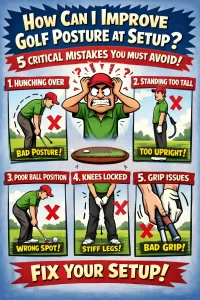 How can I improve golf posture at setup showing 5 critical mistakes to avoid for better swing consistency