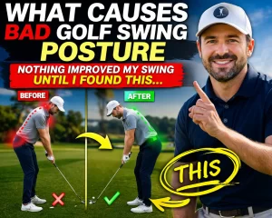 What causes bad golf swing posture shown with before and after comparison of incorrect and proper golf posture setup