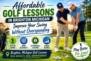 Affordable golf lessons in Brighton Michigan with golf instructor helping a golfer improve swing mechanics during a coaching session.