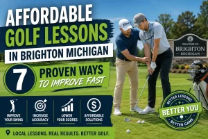 Affordable golf lessons in Brighton Michigan with golf instructor helping a golfer improve swing mechanics on a local golf course.