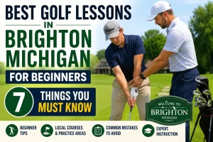 Beginner golfer taking one of the best golf lessons in Brighton Michigan for beginners with golf instructor at local golf course.
