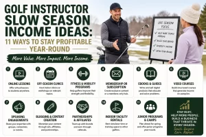 golf instructor slow season income ideas infographic showing 11 ways to stay profitable year-round