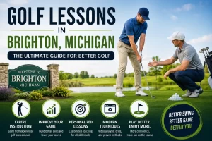 Golfer taking golf lessons in Brighton Michigan with instructor on driving range