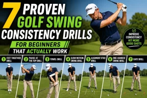 Beginner golfer practicing golf swing consistency drills for beginners to improve balance, timing, and cleaner ball striking