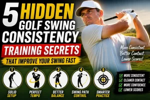 Golfer practicing golf swing consistency training drills to improve ball striking, balance, tempo, and swing path control