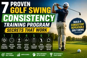 Golfer practicing a golf swing consistency training program to improve swing timing, balance, and consistent ball striking