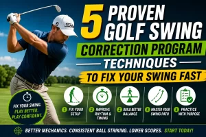 Golfer practicing a golf swing correction program to improve swing mechanics and consistency