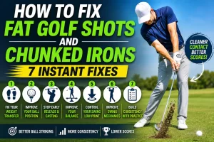 Golfer demonstrating how to fix fat golf shots and chunked irons with proper iron impact and clean turf interaction