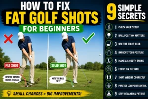 Beginner golfer learning how to fix fat golf shots using simple golf swing adjustments and setup corrections