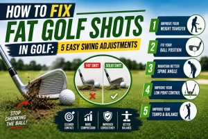 Golfer demonstrating how to fix fat golf shots in golf using easy swing adjustments for cleaner iron contact and better ball striking.