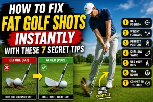 Golfer demonstrating how to fix fat golf shots instantly with proper ball first contact