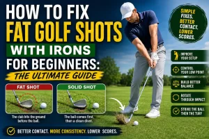How to fix fat golf shots with irons for beginners showing proper iron contact and clean turf interaction”