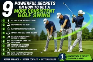 Golfer practicing how to get a more consistent golf swing using proper rhythm, timing, and balance