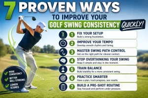 Golfer learning how to improve your golf swing consistency quickly with better balance and cleaner ball striking