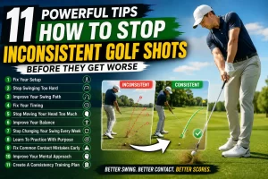 Golfer learning how to stop inconsistent golf shots with better swing consistency and clean ball striking