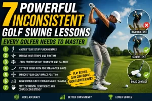 Golfer practicing inconsistent golf swing lessons to improve ball striking consistency and swing control