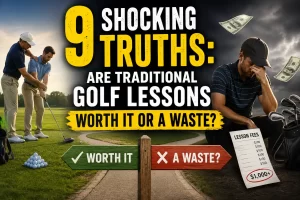 Are traditional golf lessons worth it? Golfer receiving golf instruction while comparing the cost and value of traditional golf lessons.