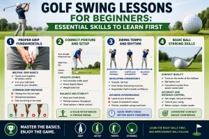 Best affordable golf lessons for beginners learning essential golf swing fundamentals including grip, posture, tempo, and ball striking