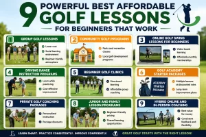 Best affordable golf lessons for beginners learning golf fundamentals with a professional instructor at a driving range