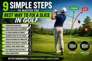 Golfer demonstrating the best way to fix a slice in golf using an inside out swing path.