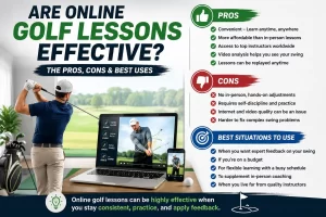Golfer learning with an instructor while discovering how to find affordable golf lessons fast