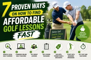 Golfer learning from an instructor how to find affordable golf lessons fast