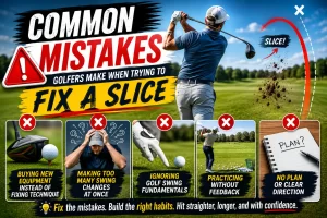 Golfer demonstrating common mistakes and proven techniques on how to fix a slice in golf for straighter and more accurate shots.