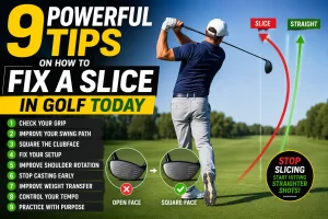 Golfer demonstrating how to fix a slice in golf by improving swing path and clubface control for straighter drives.