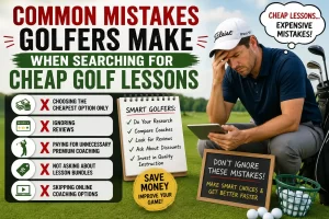 Golfer learning how to get discounted golf lessons and save money on affordable golf coaching