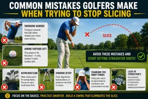 Common mistakes golfers make when learning how to stop slicing the golf ball, including poor setup, over-the-top swing, and incorrect swing path.