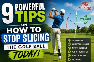 Golfer demonstrating how to stop slicing the golf ball by improving clubface control and golf swing path for straighter shots.