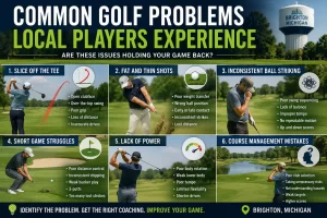 Infographic showing common golf problems local players experience and how private golf lessons in Brighton Michigan can improve swing consistency and lower scores.