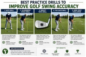 Golfer practicing best golf swing accuracy tips, impact tape drills, tee gate drills, and a nine-shot challenge to improve golf swing accuracy.