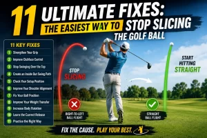 Golfer demonstrating the easiest way to stop slicing the golf ball by improving clubface control and creating an inside out swing path.