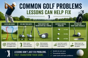 Common golf problems fixed through golf lessons in Saline Michigan including slices, hooks, poor contact, distance control issues, and putting struggles