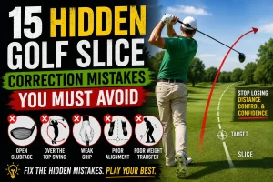 Golf slice correction drill showing a golfer improving clubface control and swing path to hit straighter golf shots