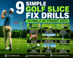 Golfer practicing golf slice fix drills to correct swing path and hit straight shots