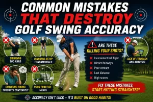 Common mistakes that destroy golf swing accuracy including poor setup, swinging too hard, bad practice habits, and inconsistent swing mechanics.