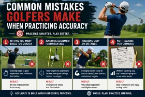 Common mistakes golfers make when practicing golf swing accuracy drills, including poor alignment, rushing practice, and focusing only on distance instead of accuracy.