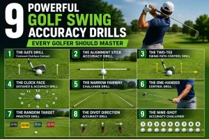Golfer practicing golf swing accuracy drills to improve clubface control, alignment, and shot consistency