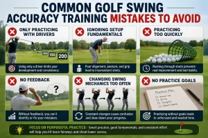 Golf swing accuracy training mistakes to avoid including poor setup fundamentals, practicing too quickly, and changing swing mechanics too often.